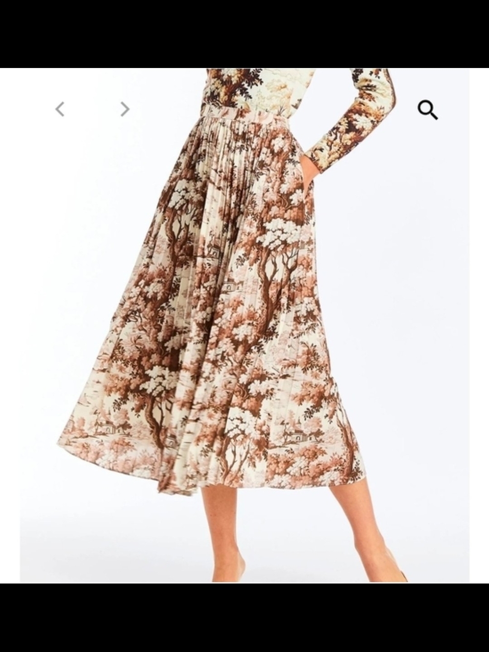 Toile-Print Pleated Midi Skirt in Cream and Brown